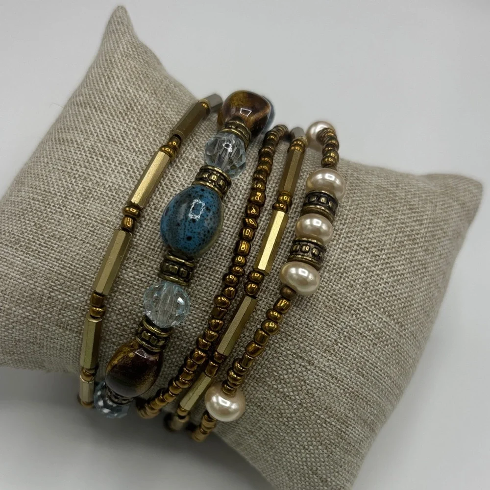 Multi-Row Gold and Blue Beaded Women’s Bracelet
